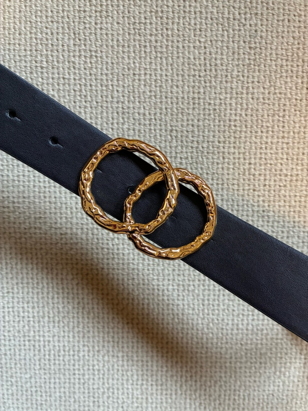 Express Black Belt with Textured Gold Double Ring Buckle